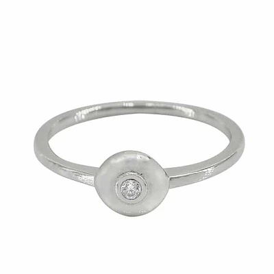 Sterling Silver With Rhodium,6.5mm Round Ring Cubic Zirconia, 1mm Band