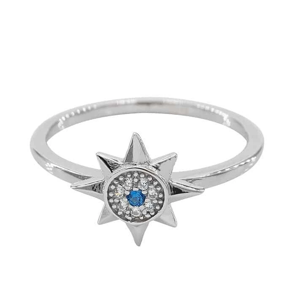 Sterling Silver With Rhodium,10mm Star Ring Cubic Zirconia, 1mm Band