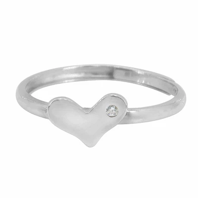 Sterling Silver With Rhodium, 6X9mm Heart With Adjustable Band And Cubic Zirconia