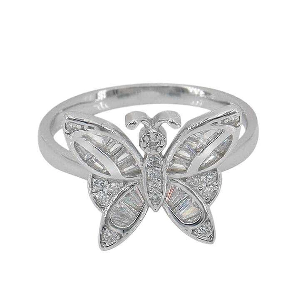 Sterling Silver With Rhodium, 14X17mm Butterfly Ring Cubic Zirconia, 2mm Band