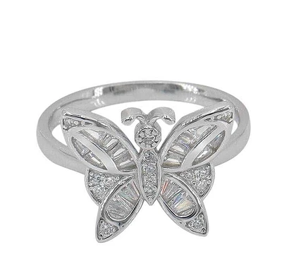 Sterling Silver With Rhodium, 14X17mm Butterfly Ring With Cubic Zirconia, 2mm Band