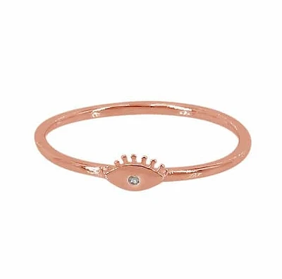 Sterling Silver With Rose Gold, 3X6mm Evil Eye Ring 1mm Cubic Zirconia, Band