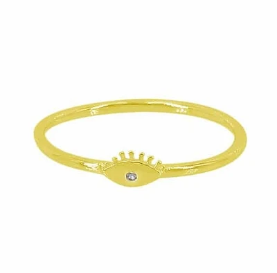 Sterling Silver With Gold, 3X6mm Evil Eye Ring 1mm Cubic Zirconia, Band