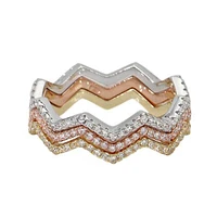 Sterling Silver, 3 Tone Zig Zag Stackable Ring Set With Cubic Zircnia, 4mm Width