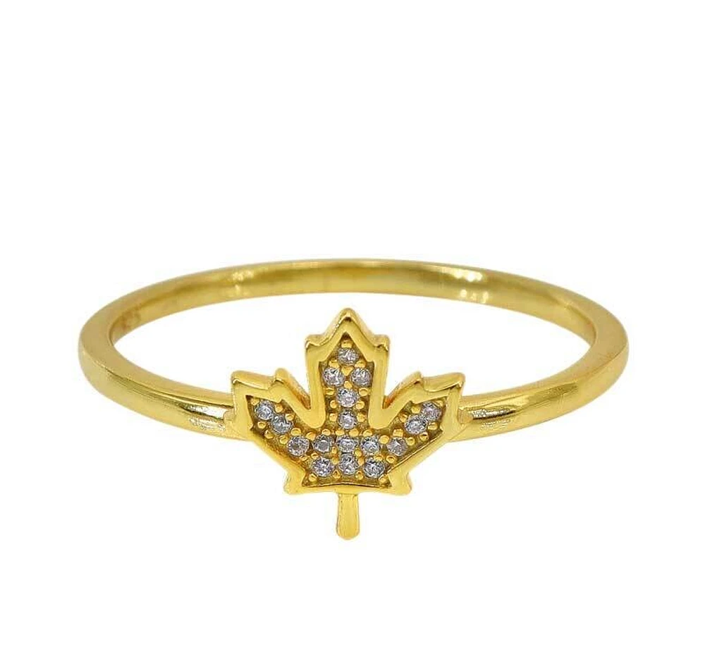 Sterling Silver With Gold, Cubic Zirconia Maple Leaf Ring, 9X8mm, 1.5mm Band