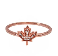 Sterling Silver With Rose Gold, Cubic Zirconia Maple Leaf Ring, 9X8mm, 1.5mm Band