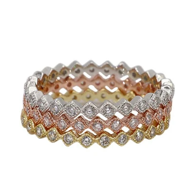 Sterling Silver, 3 Tone Stackable Ring Set With Cubic Zircnia