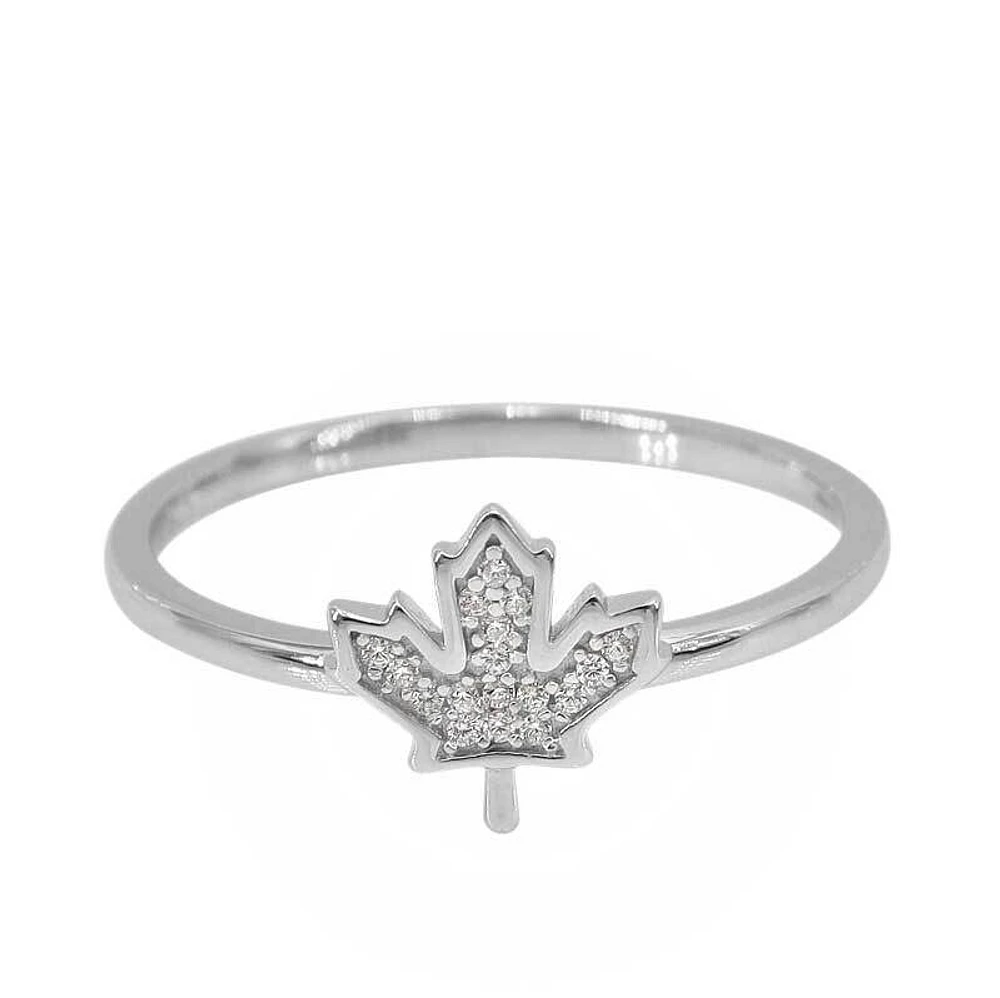 Sterling Silver With Rhodium, Cubic Zirconia Maple Leaf Ring, 9X8mm, 1.5mm Band