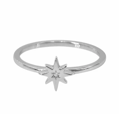 Sterling Silver With Rhodium, 8mm Star Ring Cubic Zirconia, 1.5mm Band