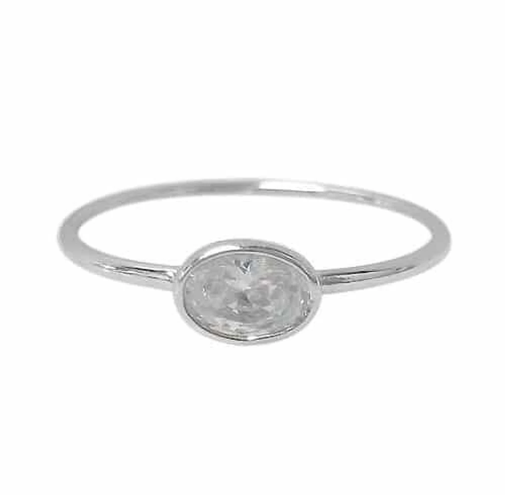 Sterling Silver With Rhodium, Stackable Ring With 5X4mm Oval Cubic Zirconia.