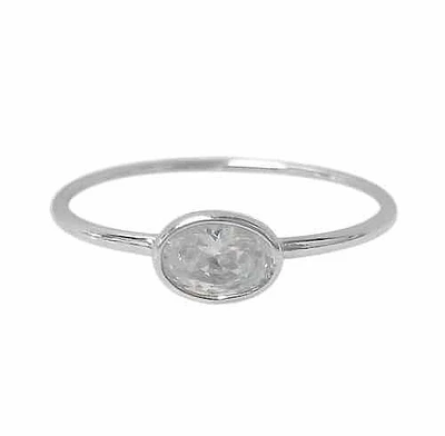 Sterling Silver With Rhodium, Stackable Ring With 5X4mm Oval Cubic Zirconia.