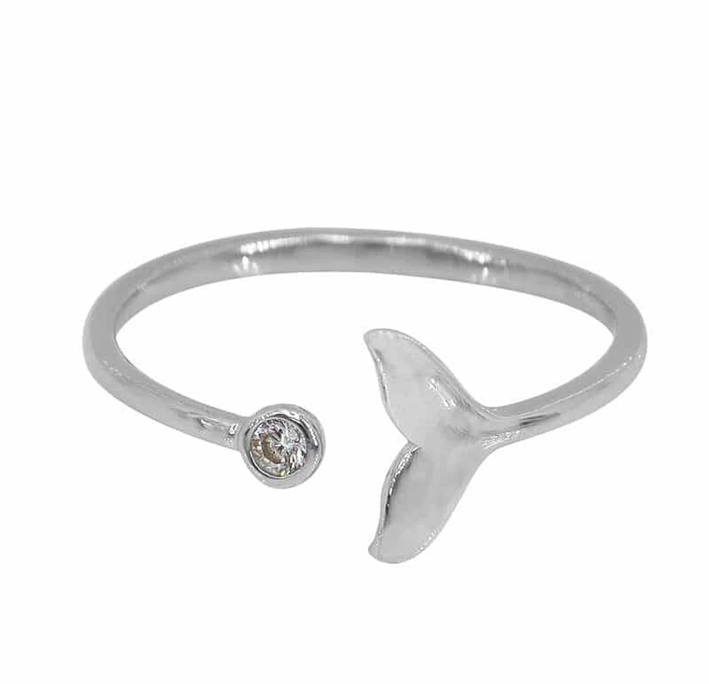 Sterling Silver With Rhodium, Adjustable Whale Tail Ring With Cubic Zirconia, 8mm Width