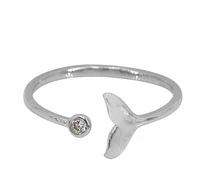 Sterling Silver With Rhodium, Adjustable Whale Tail Ring With Cubic Zirconia, 8mm Width