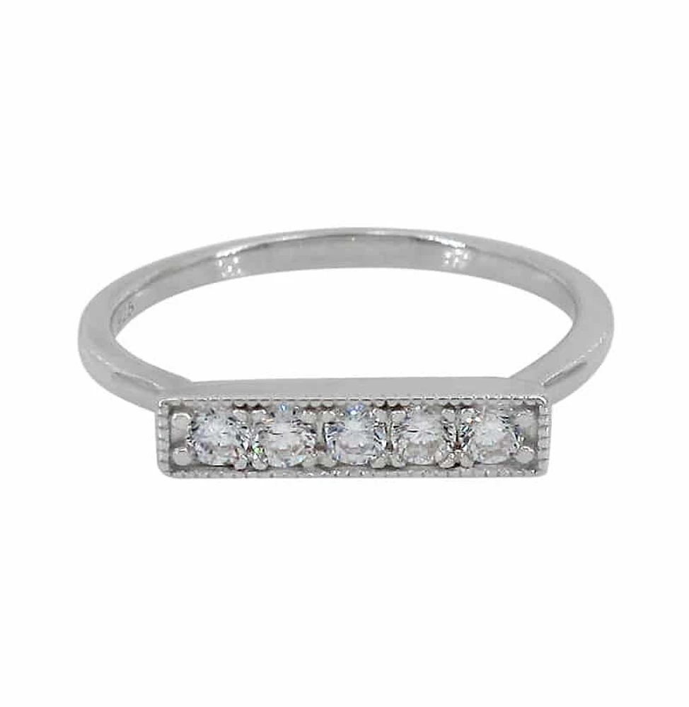 Sterling Silver With Rhodium, Cubic Zirconia Ring, 15×3.5mm Bar And 1.5mm Band