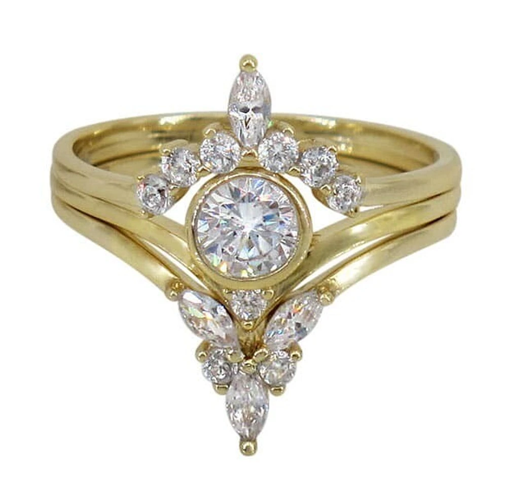 Sterling Silver With Gold, 3 Pc Set, Cubic Zirconia Ring, 1mm Band, Center Stone Is Approximately 6mm