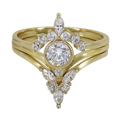 Sterling Silver With Gold, 3 Pc Set, Cubic Zirconia Ring, 1mm Band, Center Stone Is Approximately 6mm