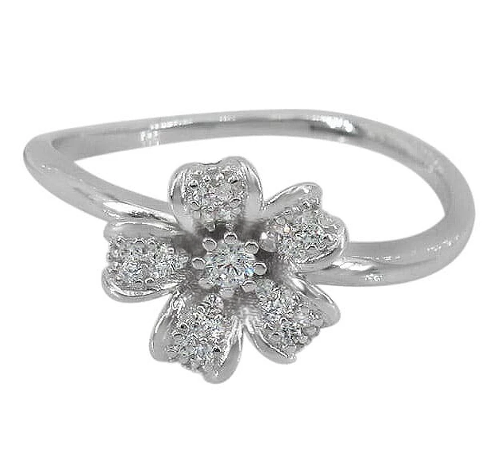 Sterling Silver With Rhodium, 10mm Diameter Flower Ring Cubic Zirconia, 1.5mm Band