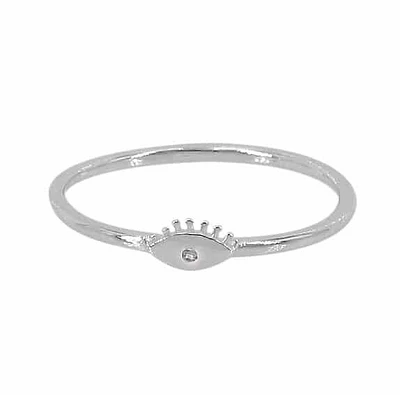 Sterling Silver With Rhodium, 3X6mm Evil Eye Ring 1mm Cubic Zirconia, Band