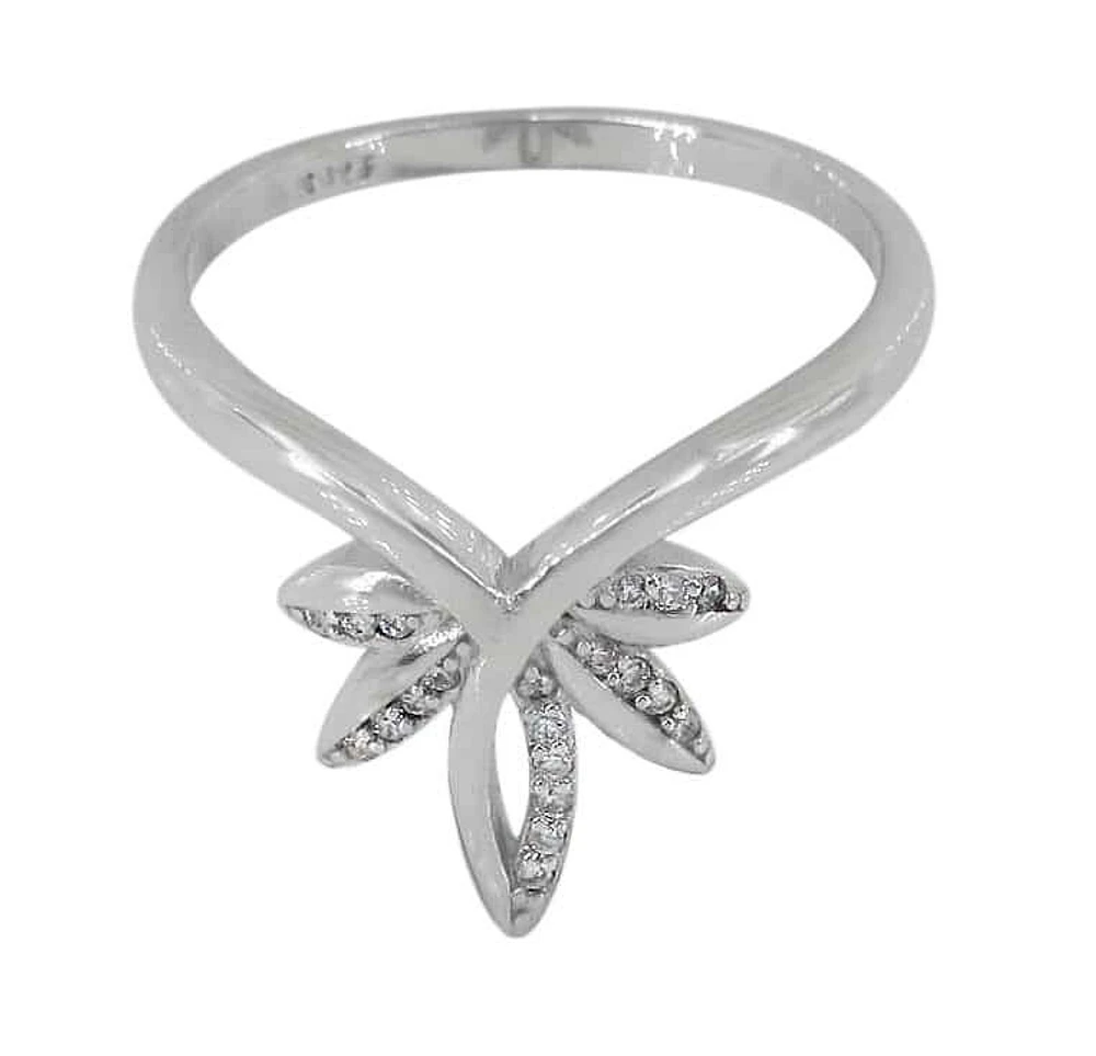 Sterling Silver With Rhodium, 14X12mm Leaf Ring Cubic Zirconia, 2mm Band