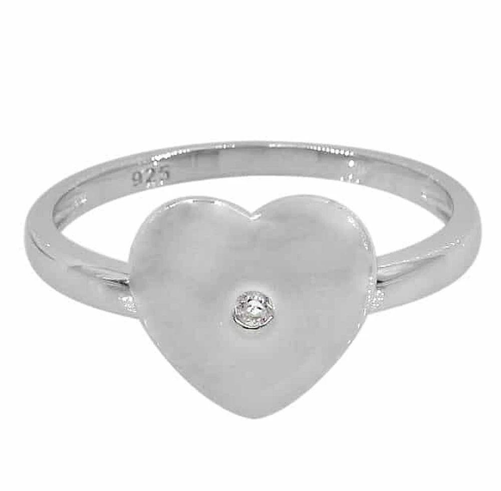 Sterling Silver With Rhodium, 11X10mm Heart Ring Cubic Zirconia, 2mm Band