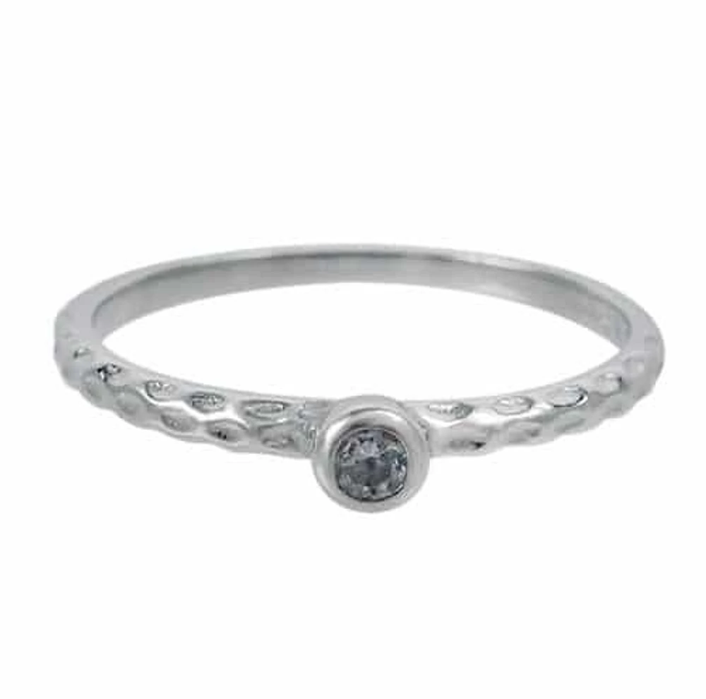 Sterling Silver With Rhodium, 3.5mm Cubic Zirconia Ring With Hammered Band.
