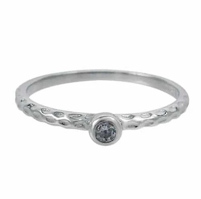 Sterling Silver With Rhodium, 3.5mm Cubic Zirconia Ring With Hammered Band.