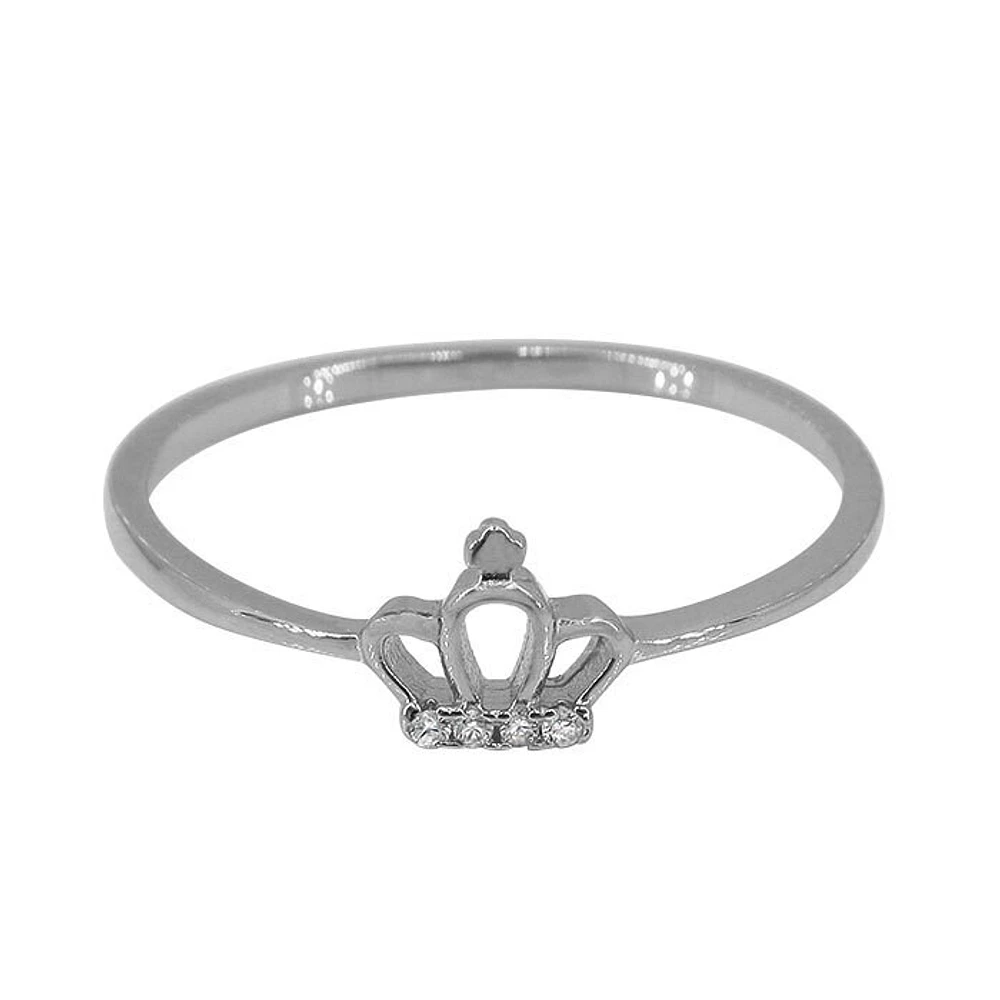 Sterling Silver With Rhodium, 6X7mm Crown Ring Cubic Zirconia, 1mm Band.