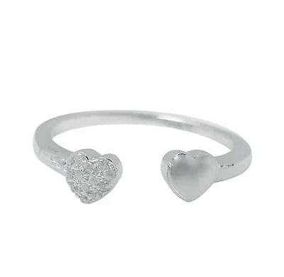 Sterling Silver With Rhodium, Double 5mm Heart Ring Cubic Zirconia, 1.5mm Band