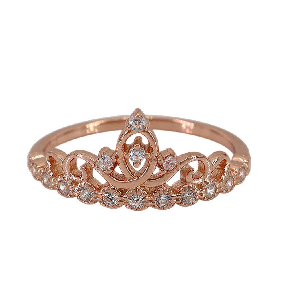 Sterling Silver With Rose Gold, 10mm Crown Ring Cubic Zirconia, 1mm Band