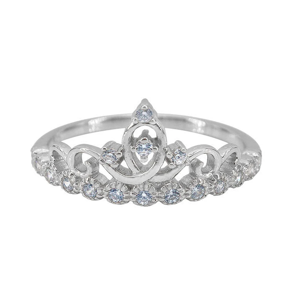 Sterling Silver With Rhodium, 10mm Crown Ring Cubic Zirconia, 1mm Band