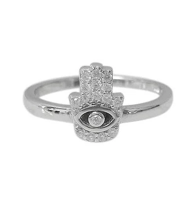 Sterling Silver With Rhodium, 10mm Hamsa Ring With Cubic Zirconia