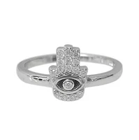 Sterling Silver With Rhodium, 10mm Hamsa Ring With Cubic Zirconia