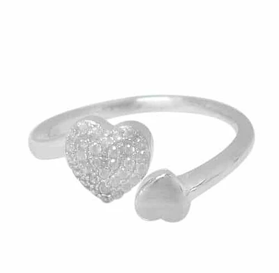 Sterling Silver With Rhodium, Double Heart Ring Cubic Zirconia, 8mm Width And 1mm Band