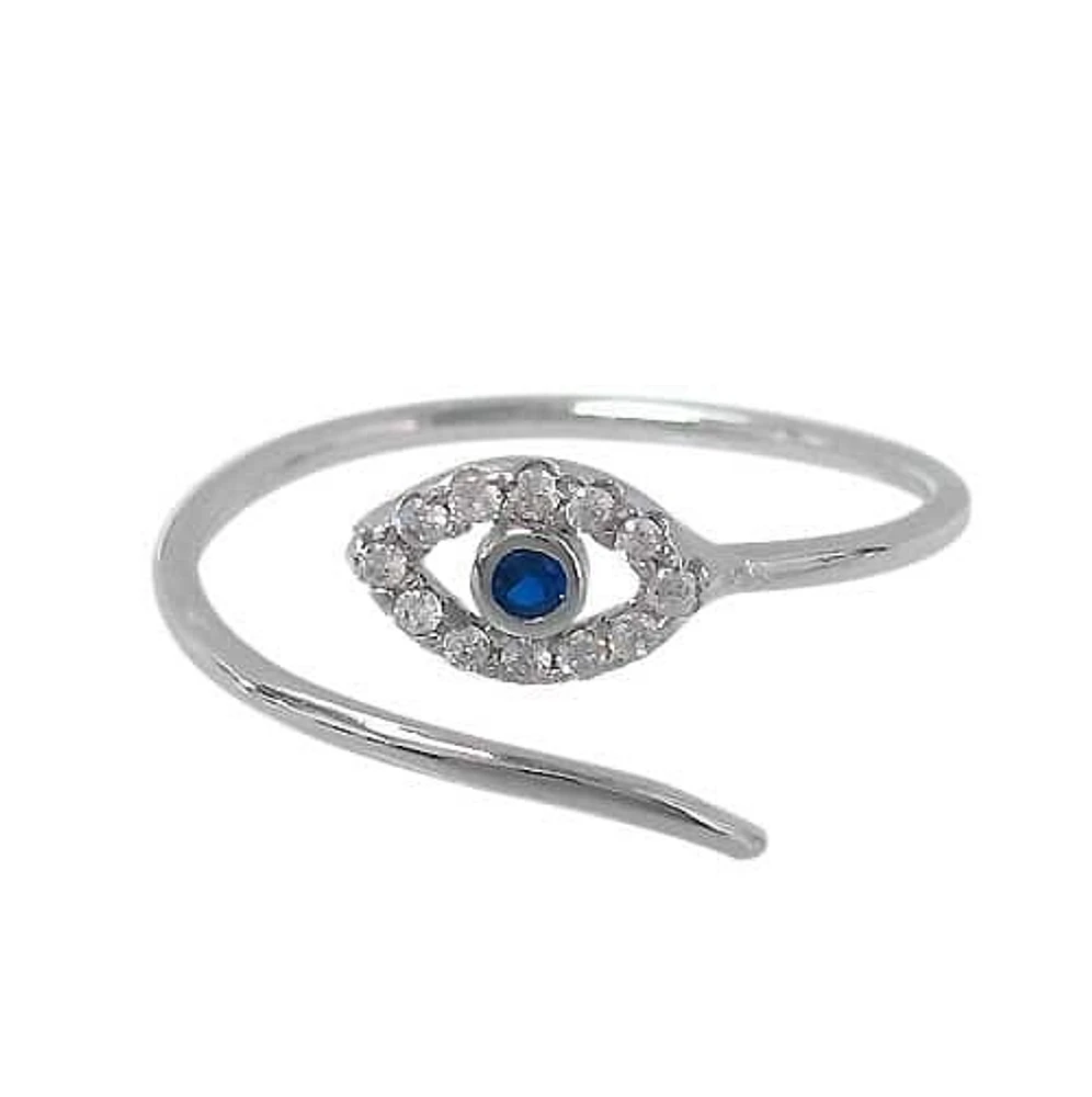 Sterling Silver With Rhodium, Adjustable 9mm Evil Eye Ring With Cubic Zirconia.