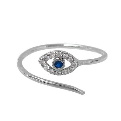 Sterling Silver With Rhodium, Adjustable 9mm Evil Eye Ring With Cubic Zirconia.