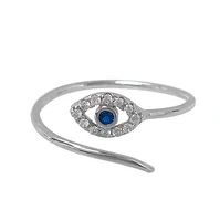 Sterling Silver With Rhodium, Adjustable 9mm Evil Eye Ring With Cubic Zirconia.