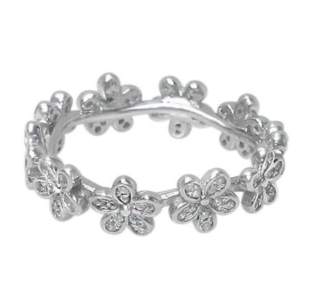 Sterling Silver With Rhodium, 6mm Flower Ring With Cubic Zirconia