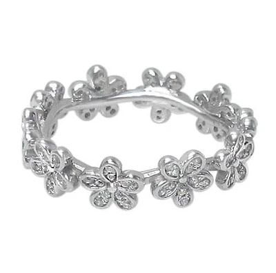 Sterling Silver With Rhodium, 6mm Flower Ring With Cubic Zirconia