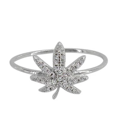 Sterling Silver With Rhodium, 11X12mm Marijuana Leaf Ring, 1mm Band