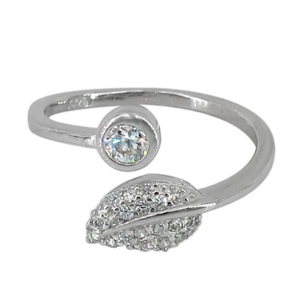 Sterling Silver With Rhodium, Adjustable 12mm Leaf Ring With Cubic Zirconia