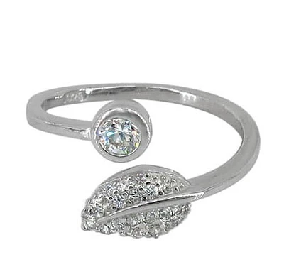 Sterling Silver With Rhodium, Adjustable 12mm Leaf Ring With Cubic Zirconia