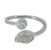 Sterling Silver With Rhodium, Adjustable 12mm Leaf Ring With Cubic Zirconia