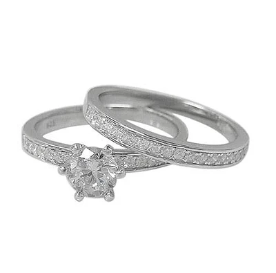 Sterling Silver With Rhodium, 2 Pc Ring Set 5mm Cubic Zirconia, 2mm Band.