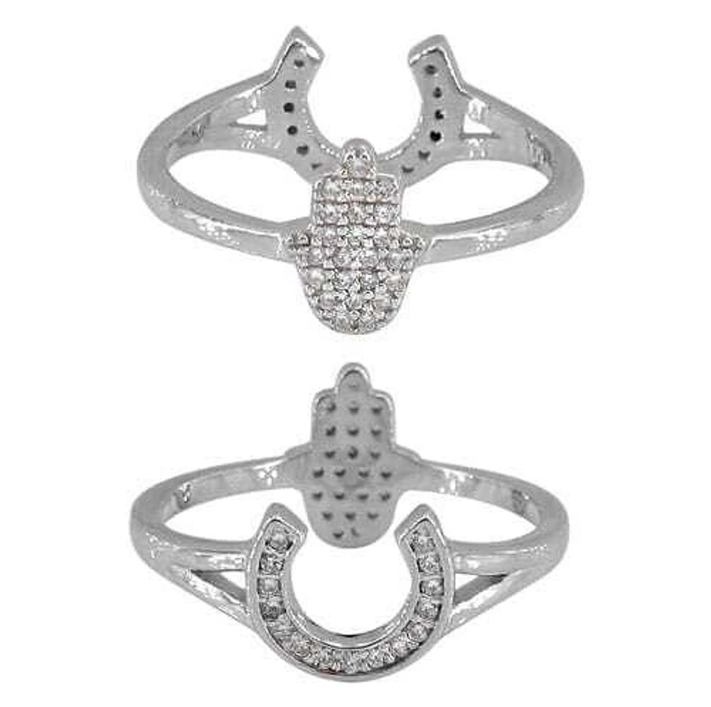 Sterling Silver With Rhodium Two Sided Cubic Zirconia Ring, 8X9mm(Horseshoe), 6X9mm(Hamsa)