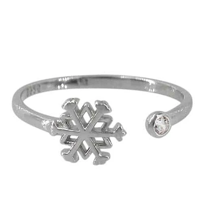 Sterling Silver With Rhodium,  7mm Snowflake Adjustable Ring With 3mm Cubic Zirconia