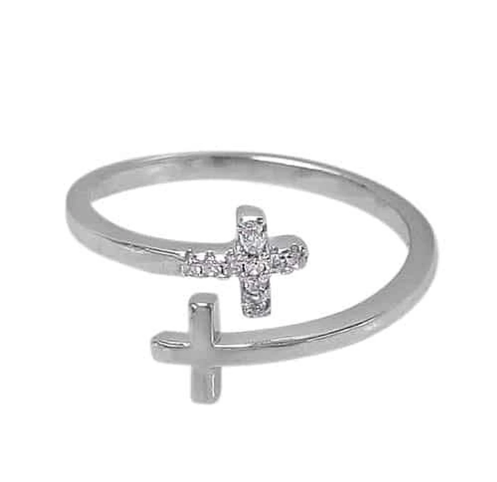 Sterling Silver With Rhodium, Adjustable Cross Ring Cubic Zirconia, 10mm Width