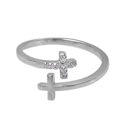 Sterling Silver With Rhodium, Adjustable Cross Ring With Cubic Zirconia, 10mm Width