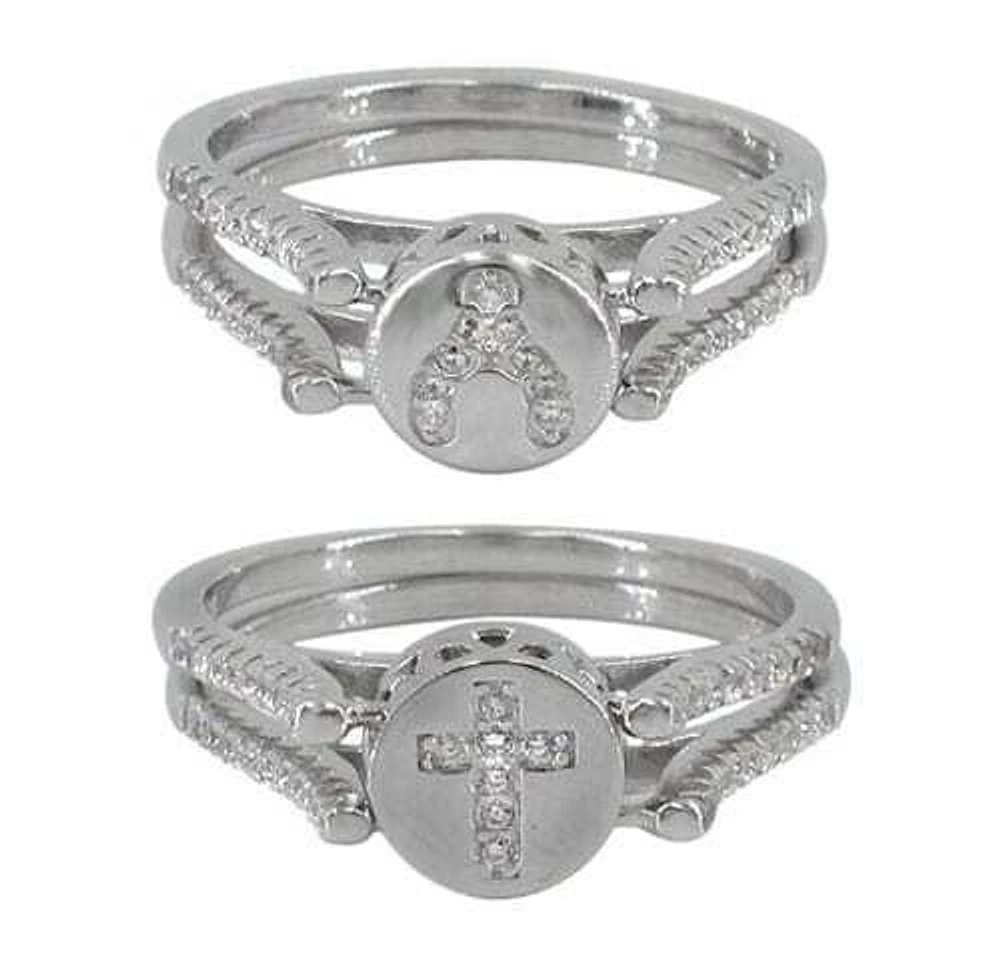 Sterling Silver With Rhodium, Double Sided Cross And Wish Bone Ring Cubic Zirconia, 8mm Width