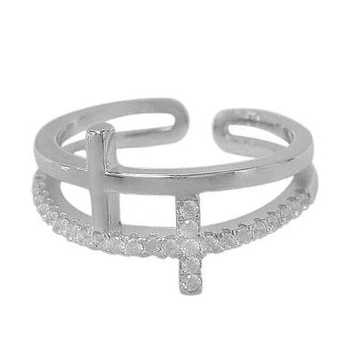 Sterling Silver With Rhodium, Sideways Cross Ring With Cubic Zirconia