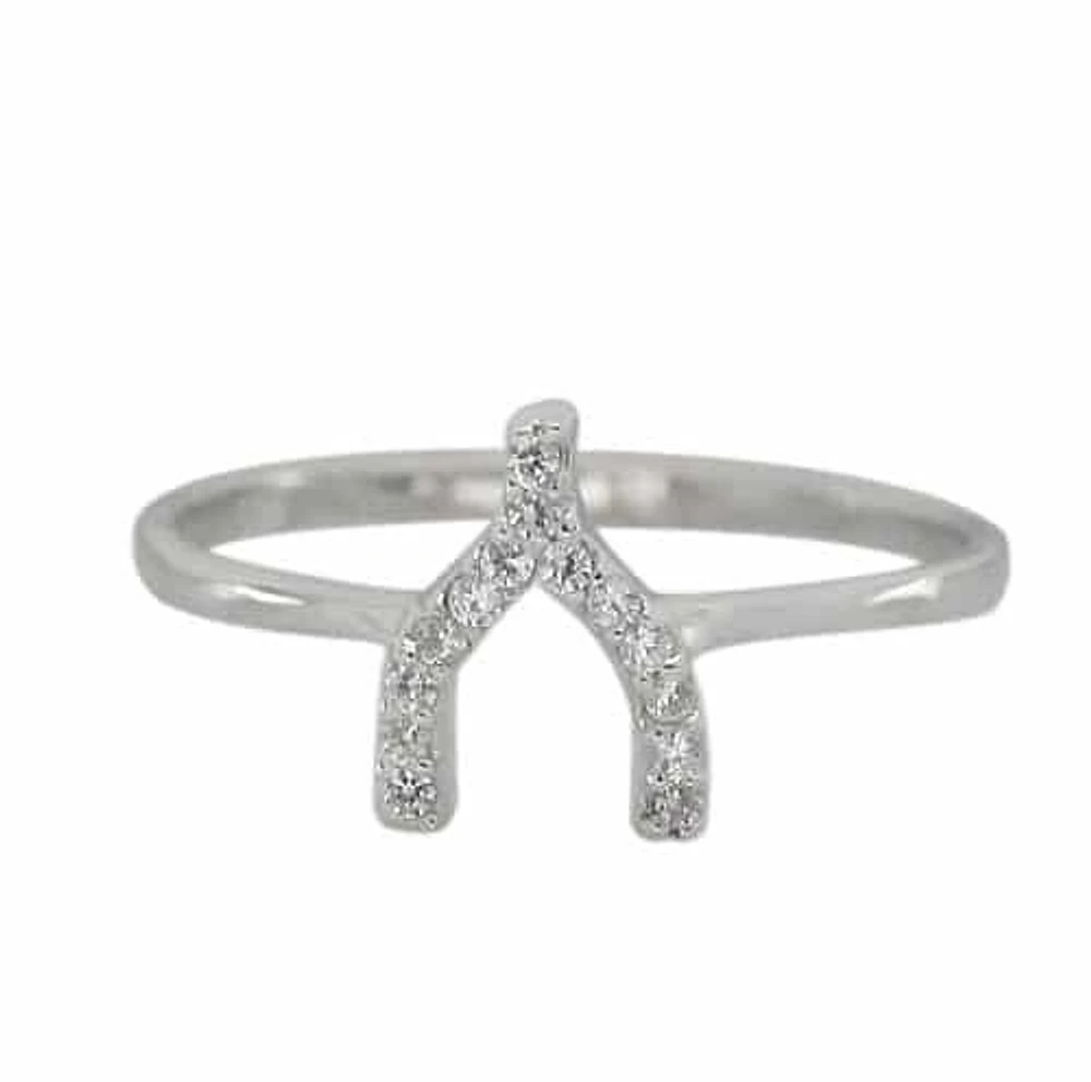 Sterling Silver With Rhodium, 9mm Wish Bone Ring With Cubic Zirconia